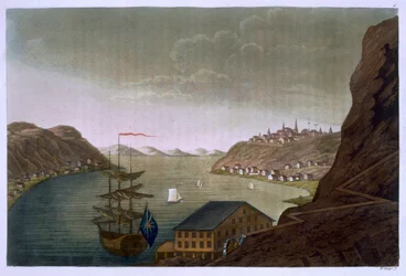 Quebec e o Rio São Lourenço, placa 4 de &39;Le Costume Ancien et Moderne&39;, Volume 1, de Jules Ferrario, publicado c.1820s-30s